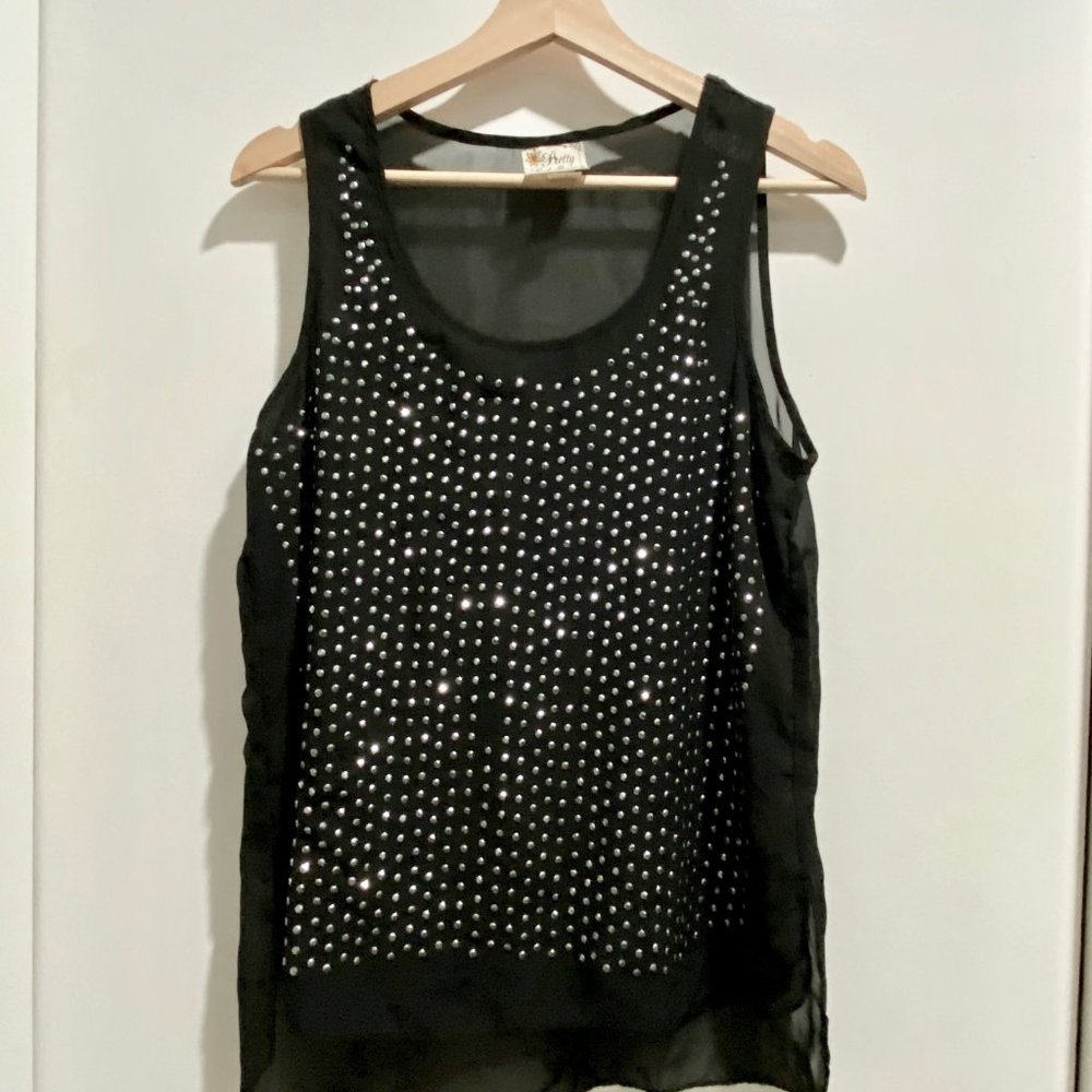 (6) - Pretty Rebellious Sheer Goth Punk Lined Silver Studs High Low Blouse Top S